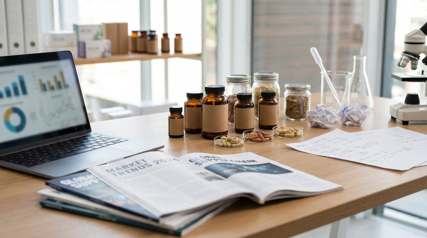 Editorial supplement industry workspace with product samples, lab tools, and market research materials.