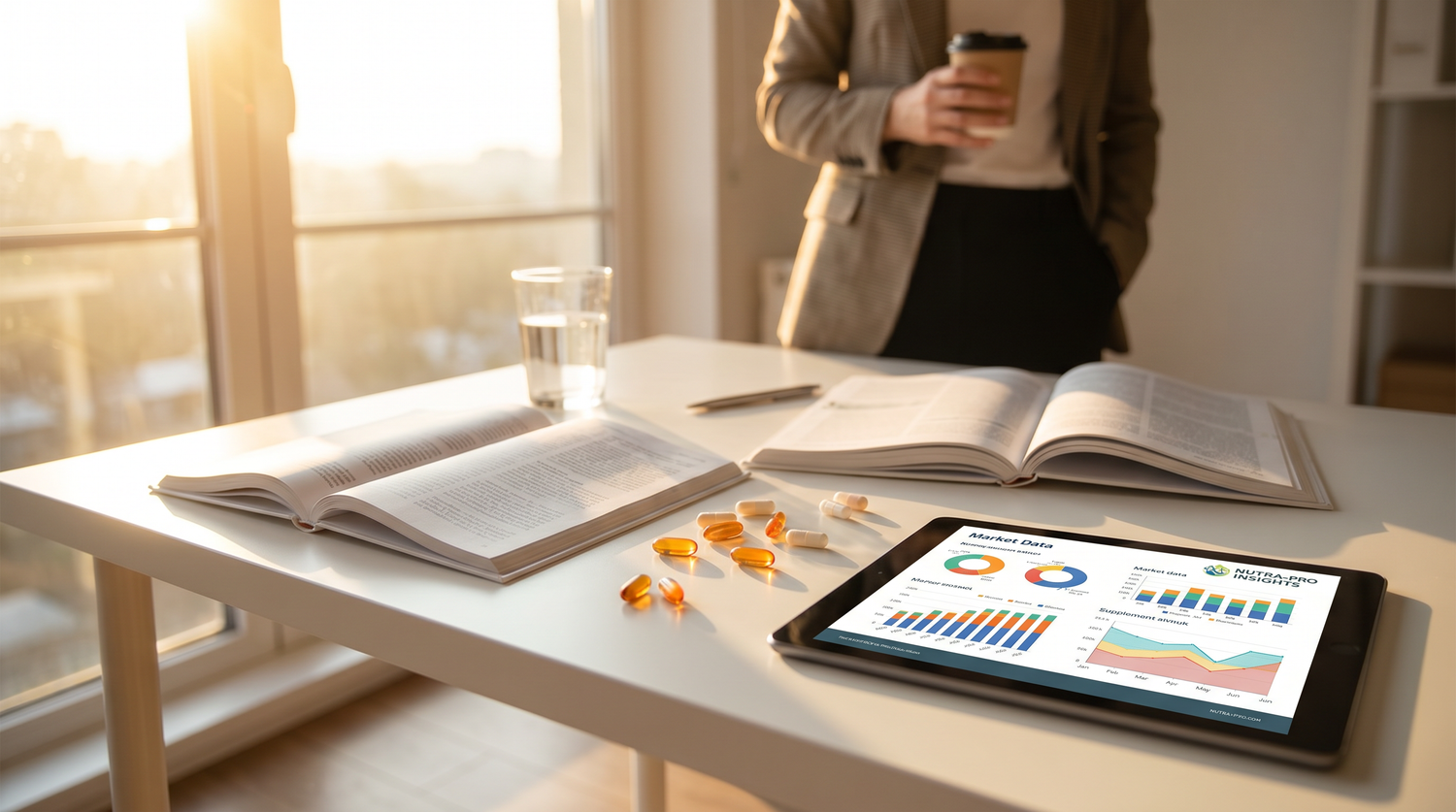Supplement Industry Daily Briefing April 29 2026 - Editorial workspace with supplement capsules and market data