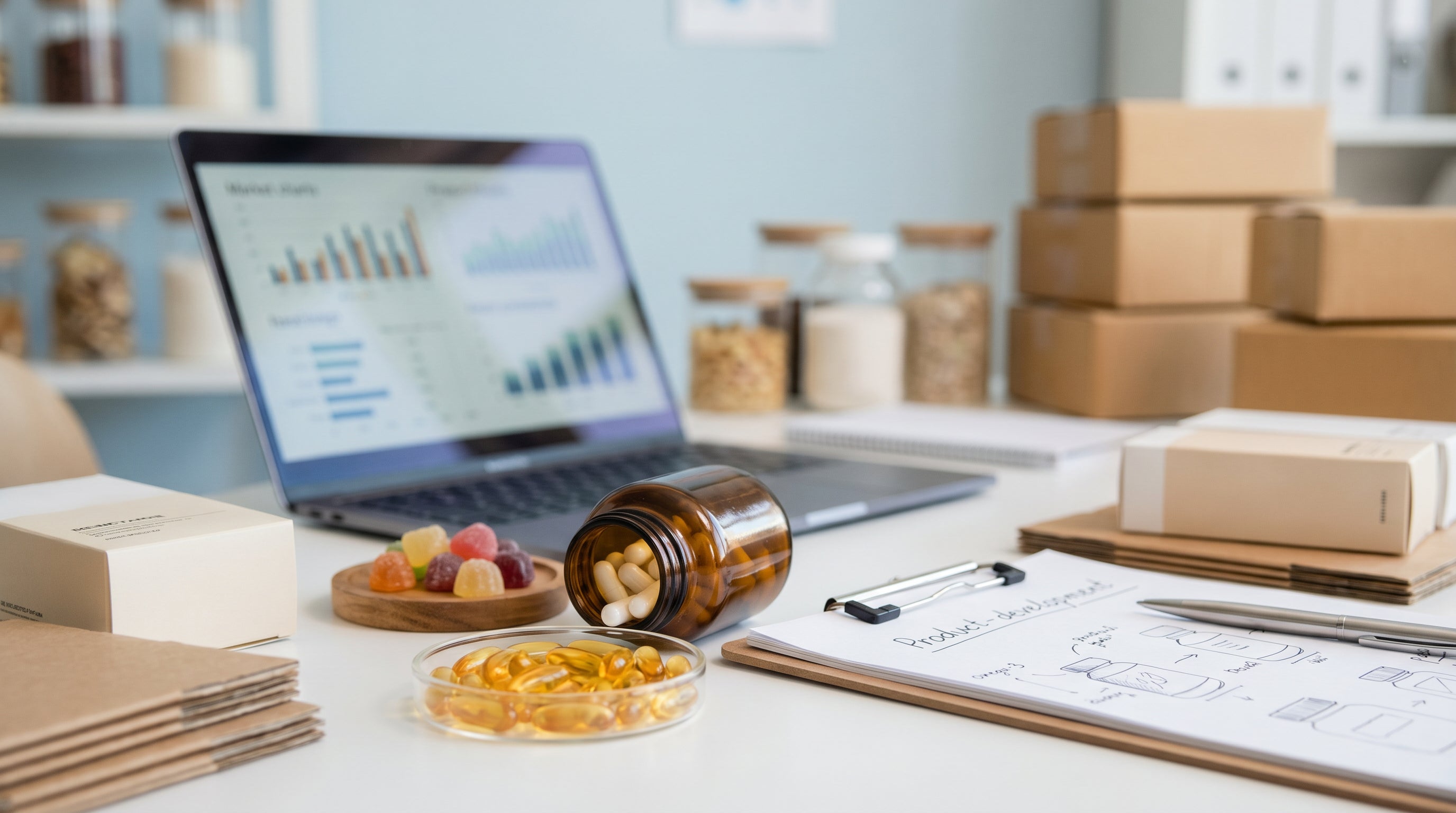 Supplement industry editorial workspace with capsules, gummies, packaging prototypes, and analytics dashboard