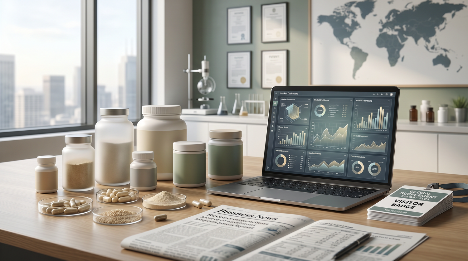Editorial supplement industry briefing image showing supplements, market analysis, and scientific workspace