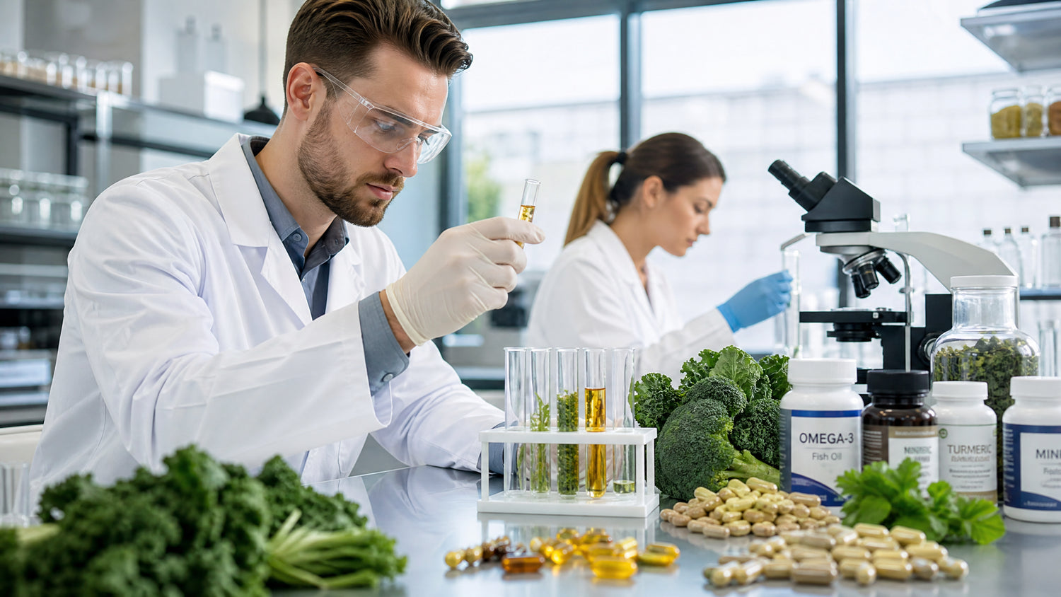 Supplement industry research laboratory with scientists examining natural ingredients and supplement formulations