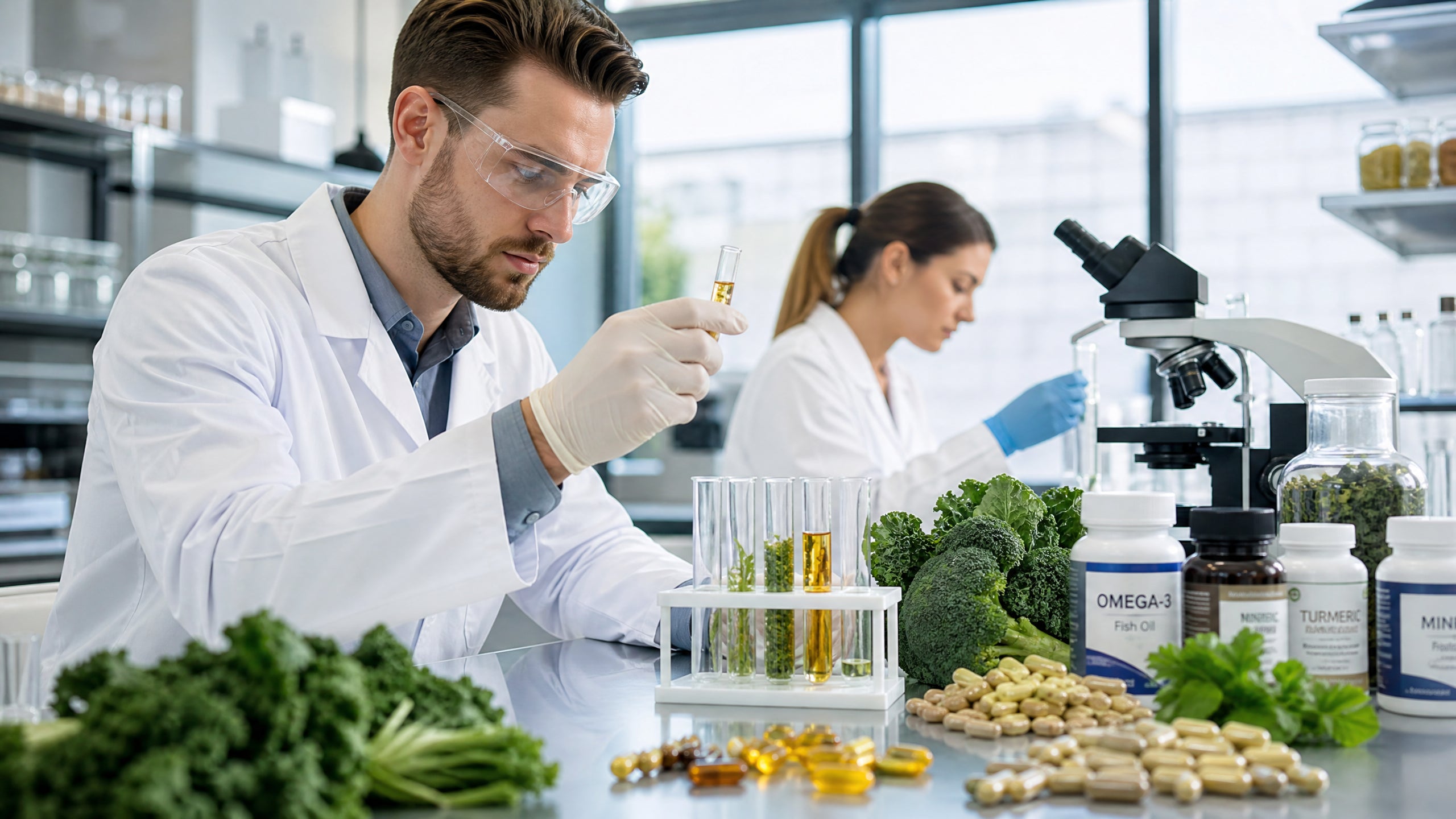 Supplement industry research laboratory with scientists examining natural ingredients and supplement formulations