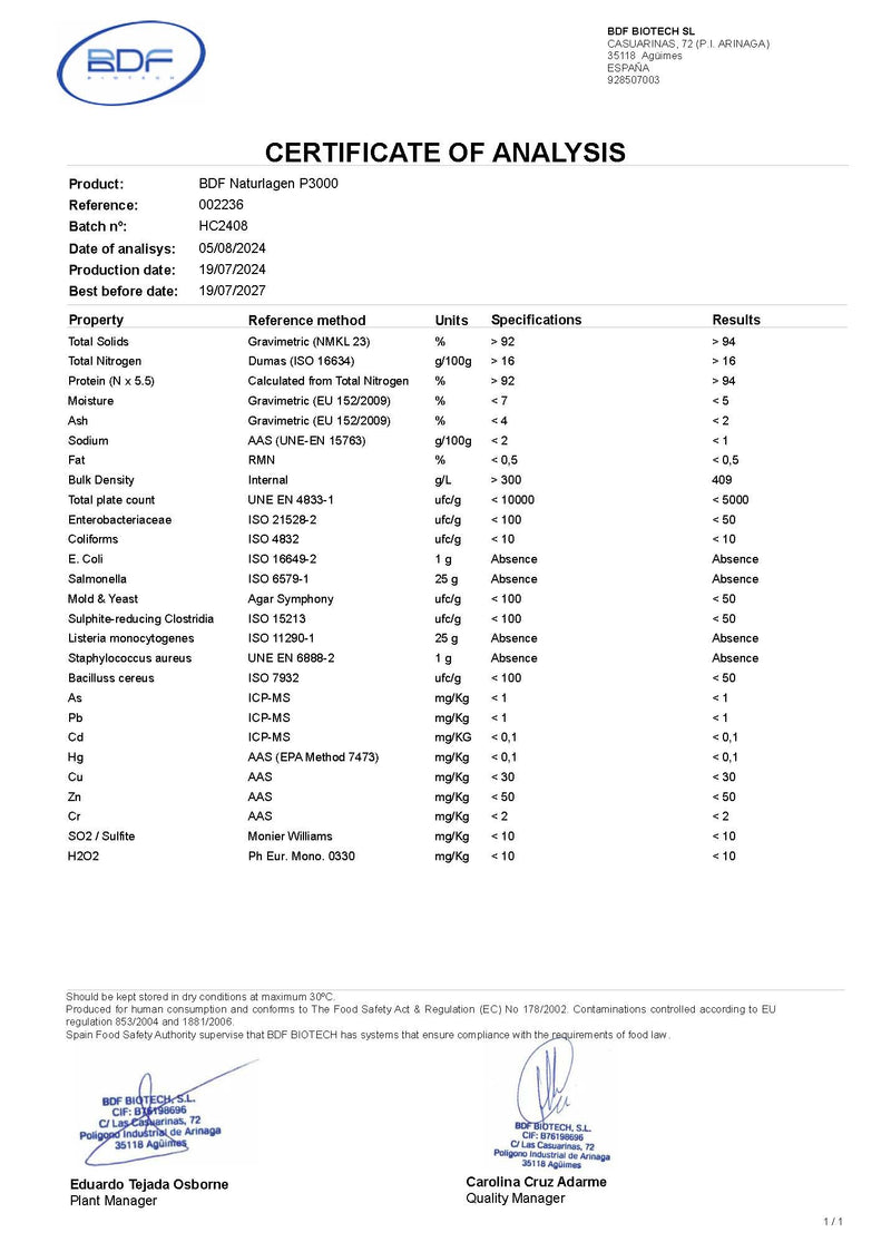 Certificate of Analysis for BDF Technologies Wild Caught Collagen peptides with detailed test results.