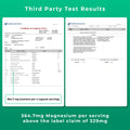 Third party test results for magnesium supplement with detailed analysis on a green background