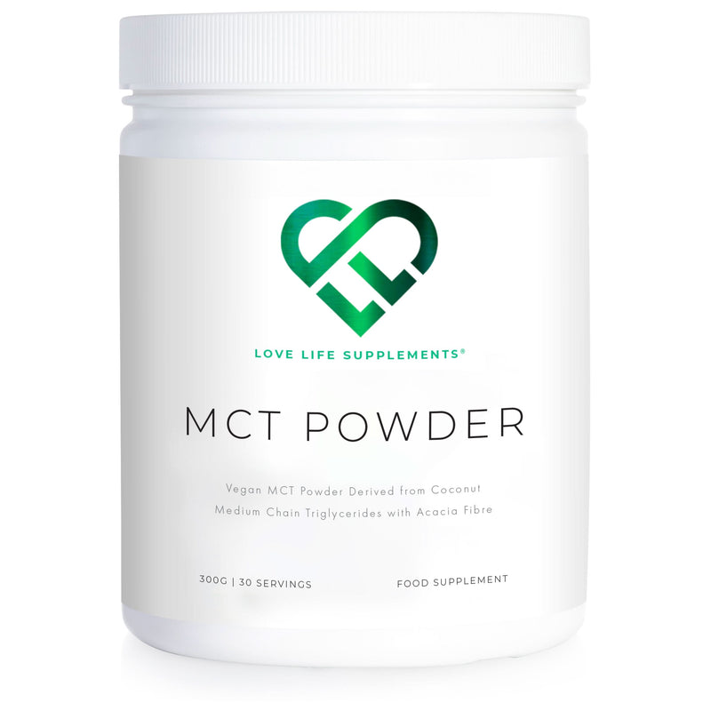 Container of MCT powder with Love Life Supplements branding on a white background