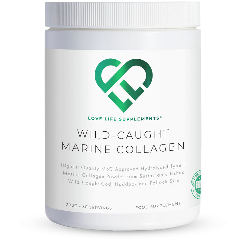 Container of Love Life Supplements Wild-Caught Marine Collagen on a white background