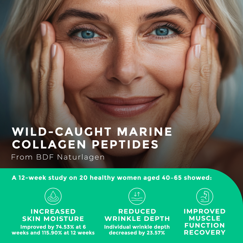 Advertisement for wild-caught marine collagen peptides with a woman's face and product name.