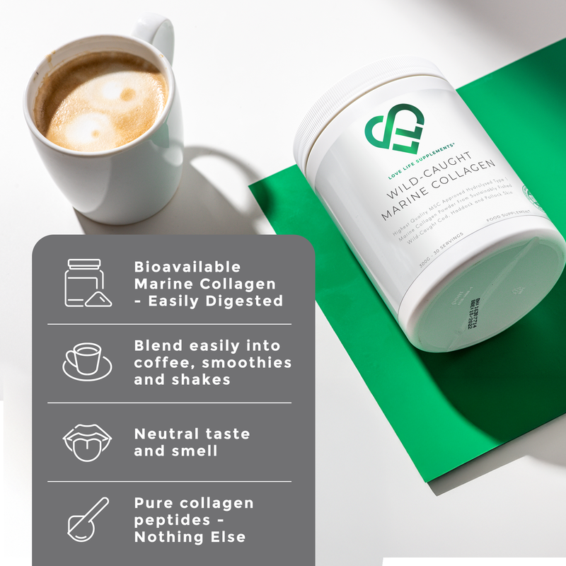 marine Collagen powder container with a cup of coffee on a white surface