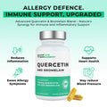Supplement bottle labeled 'Quercetin and Bromelain' with text about immune support and health benefits on a light green background.