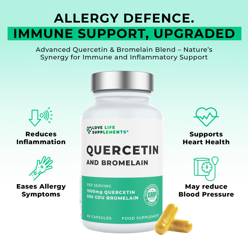 Supplement bottle labeled 'Quercetin and Bromelain' with text about immune support and health benefits on a light green background.