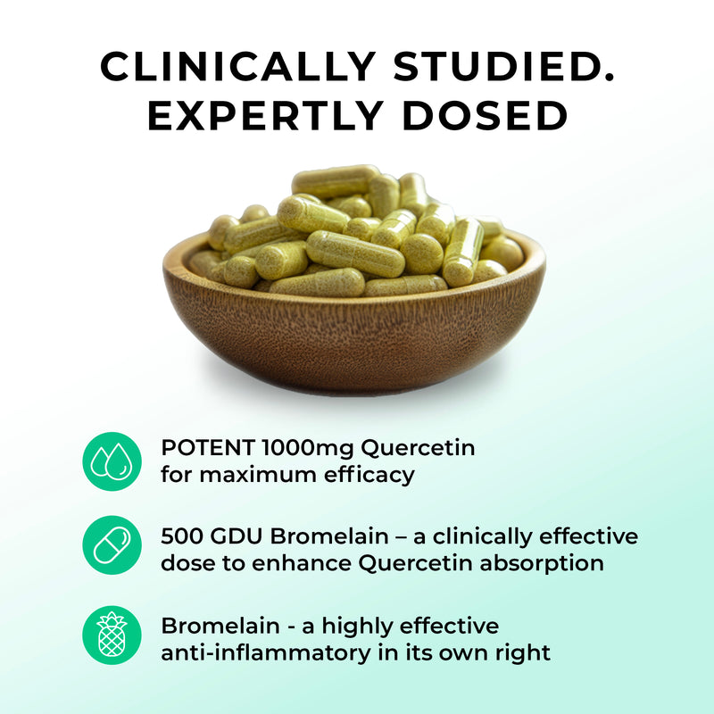 Quercetin_Bromelain Bowl of capsules with text about clinically studied and expertly dosed ingredients on a light green background