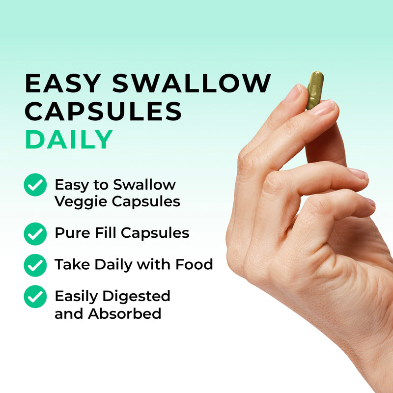 Quercetin_Bromelain Hand holding an easy swallow capsule with product features listed on a light green background