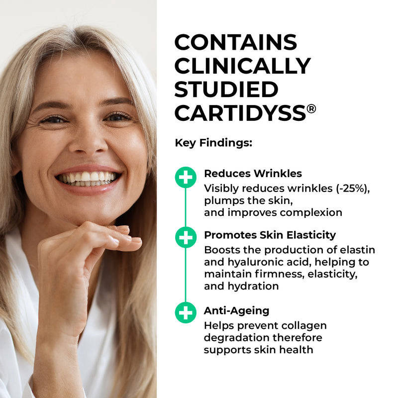 Woman with a smile next to text about clinically studied Cartidyss for skin health benefits.