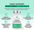 Joint support supplement bottle with text and icons on a light green background