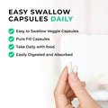 joint support Easy swallow capsules with a hand holding two capsules and text highlighting features.