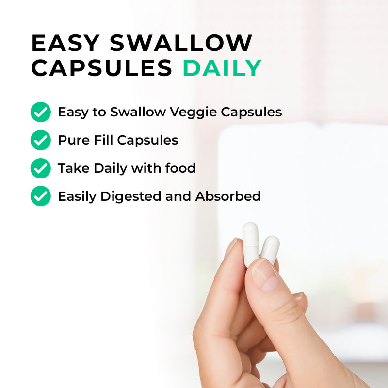 joint support Easy swallow capsules with a hand holding two capsules and text highlighting features.