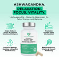 Supplement bottle labeled 'Organic KSM-66 Ashwagandha' with text highlighting benefits on a light green background.