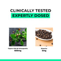 Product display with Organic KSM-66 Ashwagandha and Bioperine on a white background.