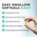 vegan omega Hand holding a softgel with benefits listed on a light blue background