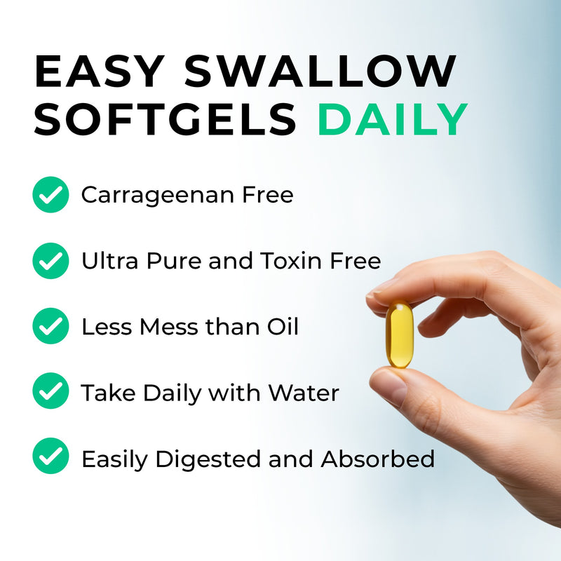 vegan omega Hand holding a softgel with benefits listed on a light blue background