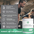 Man lifting weights in a gym with Creavitalis creatine monohydrate supplement packaging.