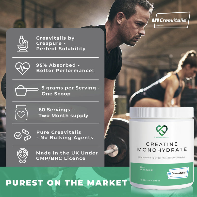 Man lifting weights in a gym with Creavitalis creatine monohydrate supplement packaging.