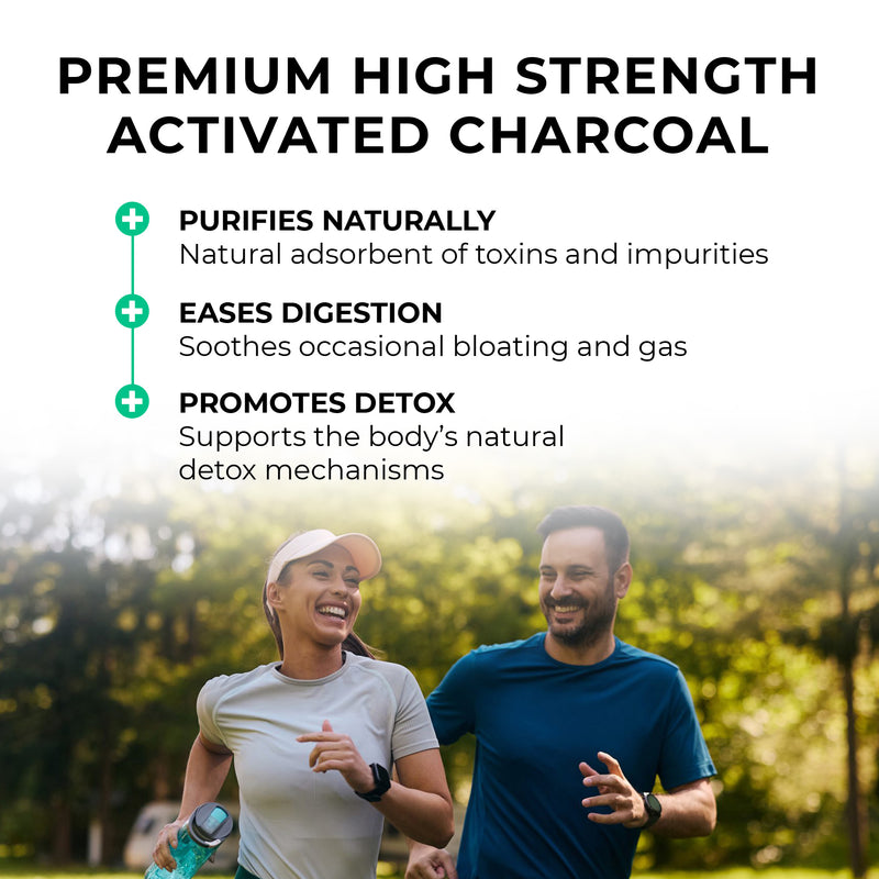 Activated_Charcoal Two people running outdoors with text about premium high strength activated charcoal benefits.