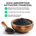 Activated_Charcoal Wooden bowl and spoon with high-absorption activated charcoal powder on a white background
