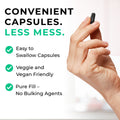 Activated_Charcoal Hand holding a capsule with product features listed on a white background