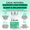 CALM  Supplement bottle labeled 'Calm' for stress, sleep, and relaxation with product features listed.