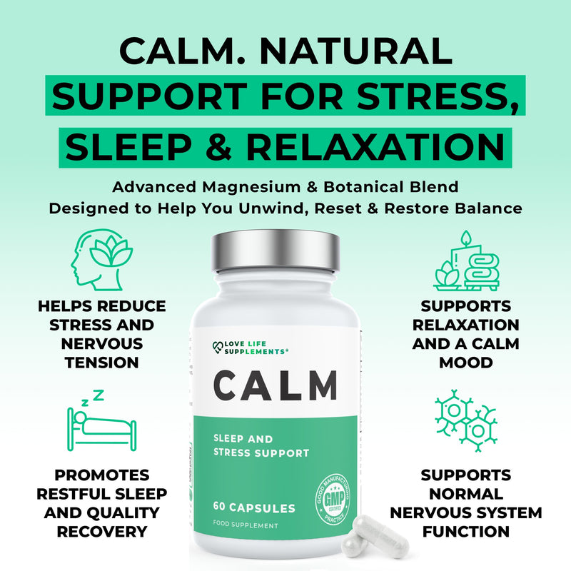 CALM  Supplement bottle labeled 'Calm' for stress, sleep, and relaxation with product features listed.