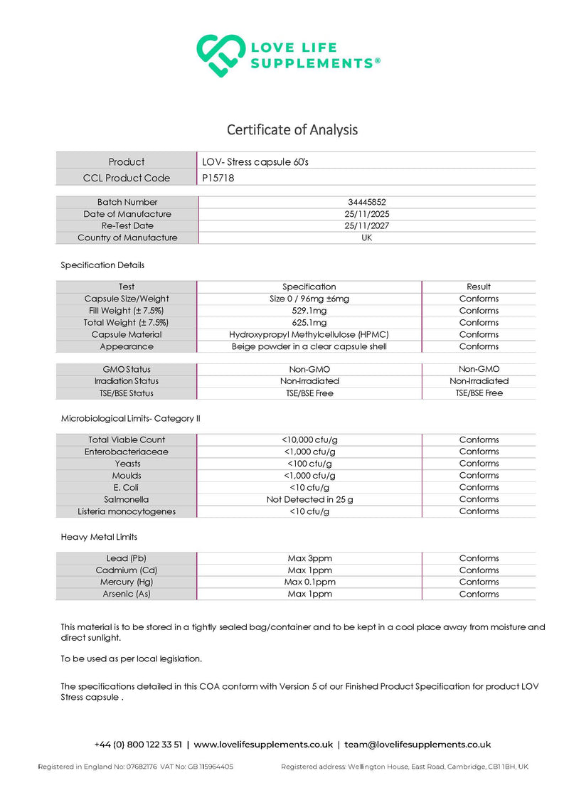 CALM Certificate of Analysis for Love Life Supplements product, showing various specifications and results.