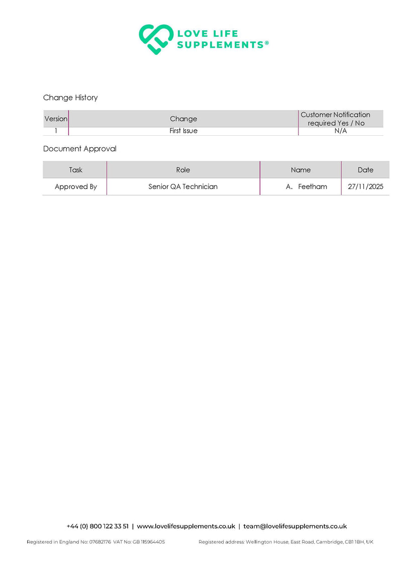 CALM Document with 'Love Life Supplements' logo and change history on a white background