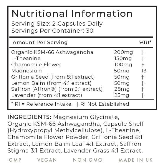 calm Nutritional information and ingredients label for a supplement product.