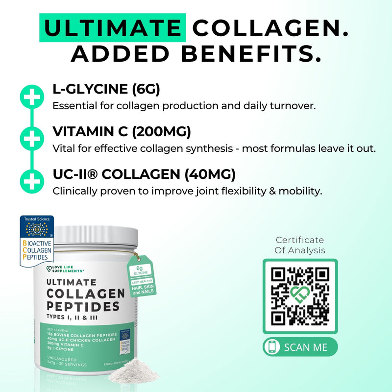 Advertisement for Ultimate Collagen Peptides with product and benefits listed on a light green background.