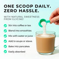 collagen Person adding powder to a cup of coffee with text about daily intake and benefits.