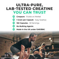 Advertisement for ultra-pure lab-tested creatine with a gym setting in the background