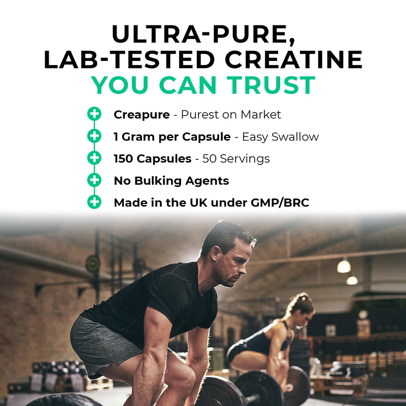Advertisement for ultra-pure lab-tested creatine with a gym setting in the background