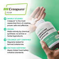 Creapure creatine monohydrate capsules with product details on a green background