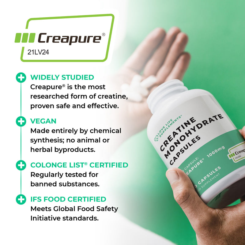 Creapure creatine monohydrate capsules with product details on a green background