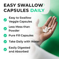 creatine Hand holding easy swallow capsules with promotional text on a green background