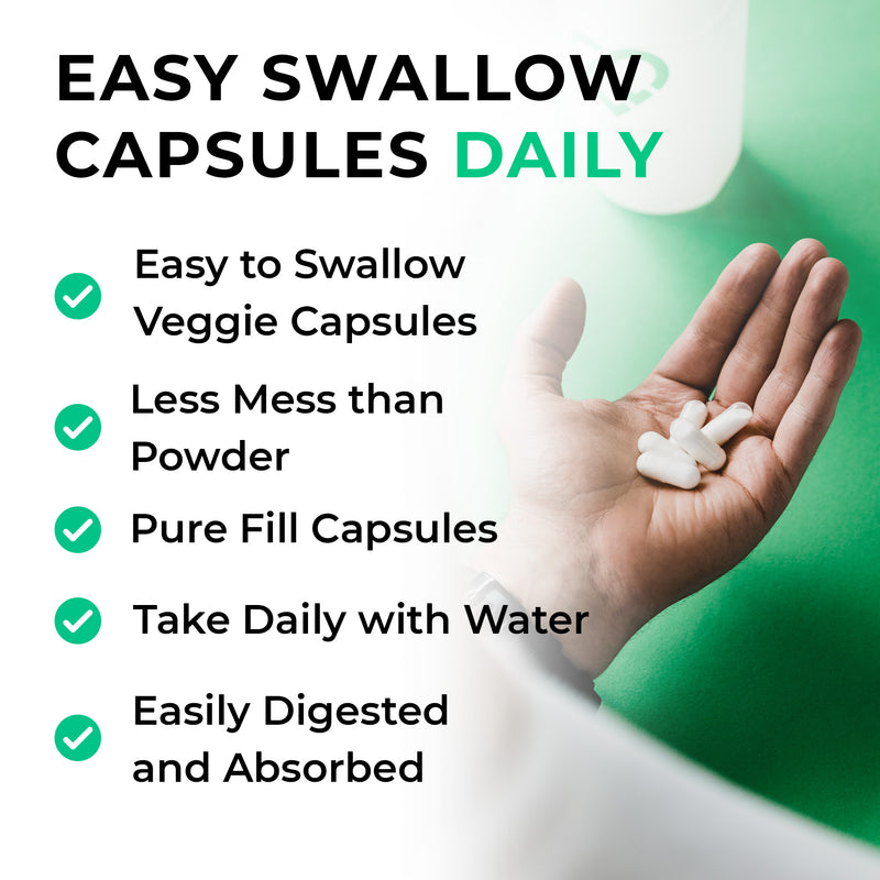 creatine Hand holding easy swallow capsules with promotional text on a green background