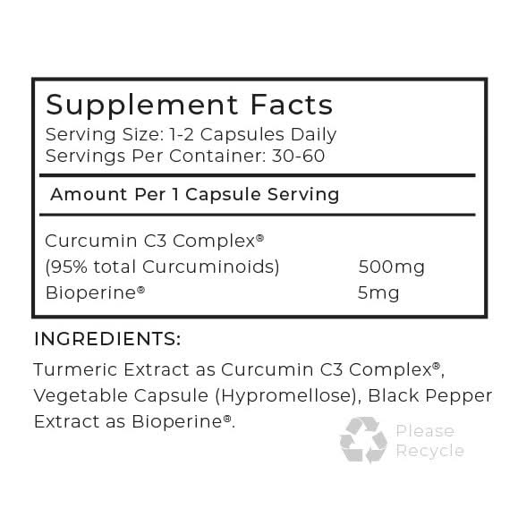 Supplement facts label for a product containing Curcumin C3 Complex and Bioperine on a white background.