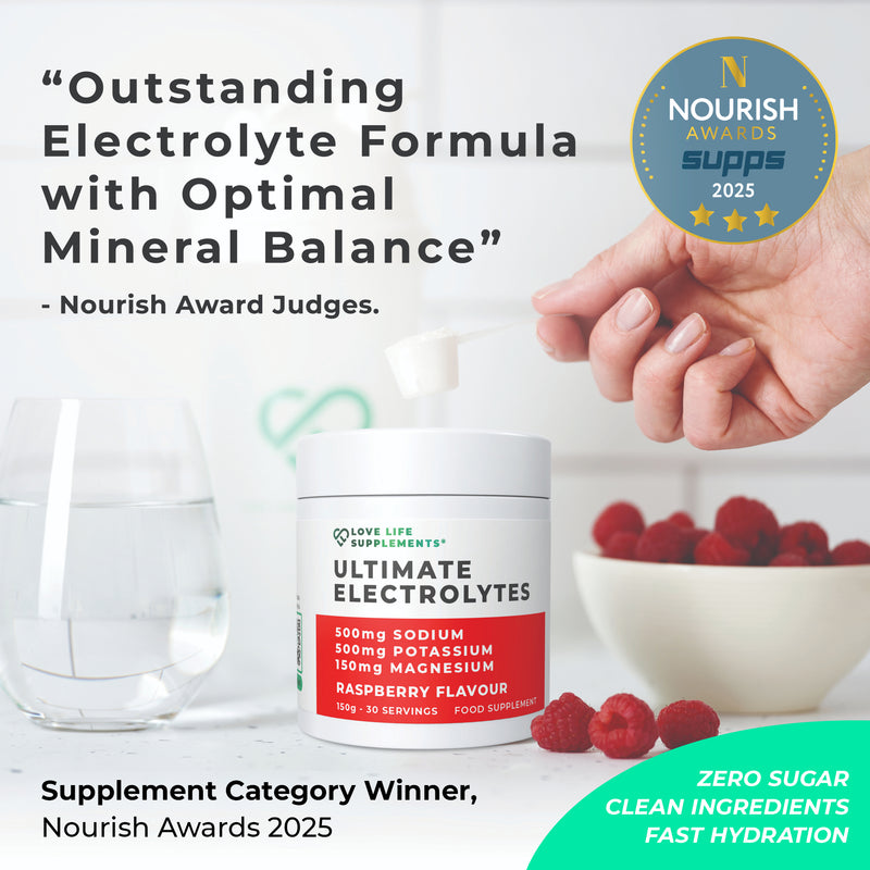 Supplement container labeled 'Ultimate Electrolytes' with a hand holding a glass of water and a bowl of raspberries, on a white background.