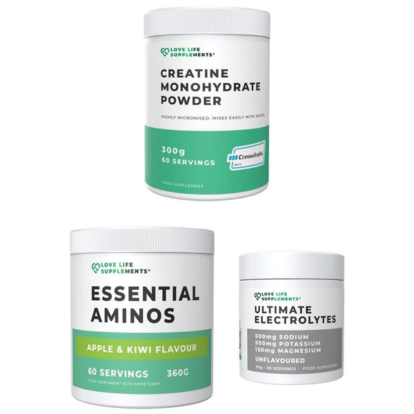 Three supplement containers labeled 'Essential Aminos', 'Creatine Monohydrate Powder', and 'Ultimate Electrolytes' on a white background.