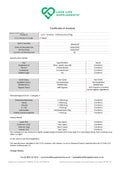 Certificate of Analysis for Love Life Supplements product, organic greens unflavoured, showing details like product code, batch number, and specifications.