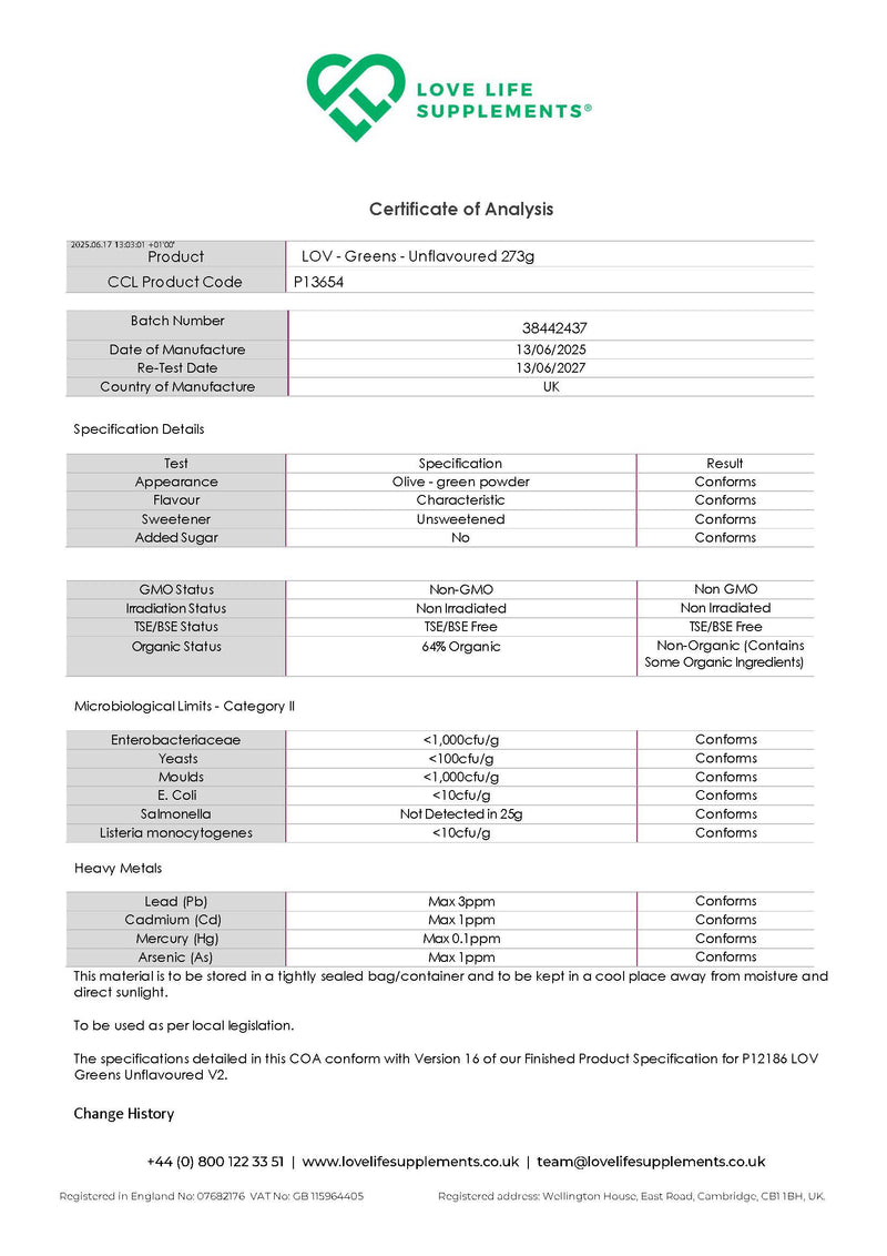 Certificate of Analysis for Love Life Supplements product, organic greens unflavoured, showing details like product code, batch number, and specifications.