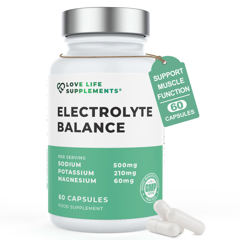 Supplement bottle labeled 'Electrolyte Balance' by Love Life Supplements on a white background.
