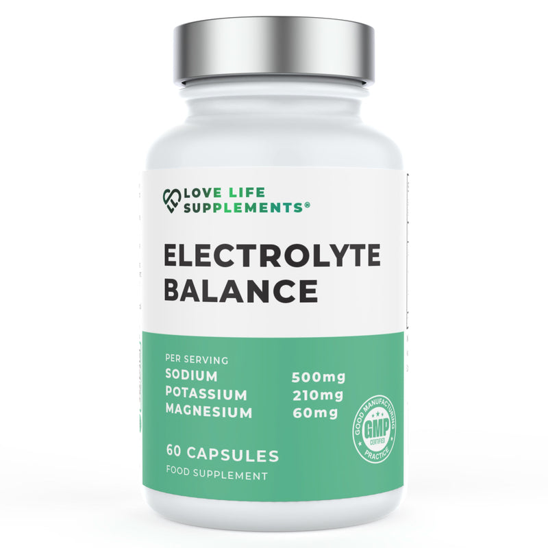 Supplement bottle labeled 'Electrolyte Balance' by Love Life Supplements on a white background