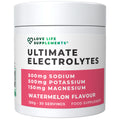 Supplement container labeled 'Ultimate Electrolytes' with flavor and nutritional information on a white background.